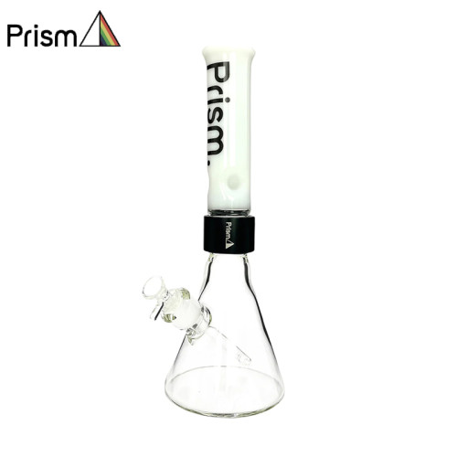 14 INCH PRISM GLASS BEAKER BASE W/ICE CATCHER WATER PIPE 588GM - WHITE/BLACK HALO